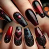 Unhas Médias de Ballet com Designs Florais Mistos Preto e Vermelho, Adesivos de Unha Removíveis, 24 Peças em uma Caixa, Unhas Postiças para o Dia dos Namorados