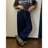 Jeans com Design de Retalhos Xadrez Americano para Homens 2024 Primavera e Outono Novos Calças Longas Soltas Tendência High Street