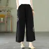 Calça reta de perna larga de algodão e linho bordada estilo étnico retrô para mulheres, cor sólida, cintura elástica, estilo solto, fina, para 100kg, para primavera e verão