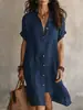 Vestido Camisa Nuevo Estilo Transfronterizo Europeo y Americano Amazon 2026, Vestido de Longitud Media Casual de Moda Color Sólido con Botones y Manga Corta