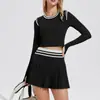 Amazon Conjunto Esportivo Feminino Saia de Badminton Corrida Fitness Manga Longa Tênis Yoga Roupa Top Saia Curta Conjunto de Duas Peças