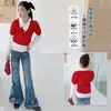 Suéter retrô de gola V de manga curta, gentil e doce, para meninas, novo top de tricô estilo coreano outono/inverno 2026 com calça jeans flare