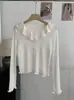 Suéter de Punto Cardigan Largo de Manga Larga Color Sólido con Cuello Volante Fino Semitransparente Omalai para Mujer 6977