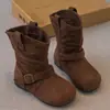 Botas de menina, botas Martin infantis, novas botas de outono e inverno 2026 de cano médio com forro de pelúcia para meninas, botas de couro Birkenstock para crianças maiores