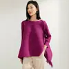 Foto Real do Top Acinturado Soltinho Evasê Plissado Issey Miyake 2026 para Mulheres, Camiseta de Designer Nicho com Franjas, Manga Longa, Estilo de Comprimento Médio