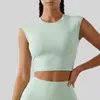 Camiseta de yoga de alta elasticidad para mujer con almohadillas en el pecho incorporadas, hermoso diseño en la espalda, sin mangas, transpirable, ajustada, sin espalda, ropa de entrenamiento