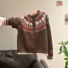 Chaqueta de Punto Jacquard Retro Coreana para Mujer Otoño e Invierno Nueva Cuello Redondo Fair Isle de un Solo Botón Cardigan de Punto para Reducir la Edad