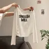 Camiseta de Manga Larga con Estampado de Letras Hombros Descubiertos 'Pure Desire' para Mujer, Nueva Camiseta Básica de Otoño Plisada Ajustada con Tirantes