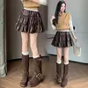 Nuevo Estilo Coreano Dulce Otoño/Invierno 2026 Falda Corta de Cuero en Capas de Volantes Ballet Cintura Alta en Color Café