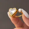 Anillo Incrustado con Circonita Geométrica, Anillo Abierto de Acero Inoxidable con Forma de Corazón, Cáscara de Diamante y Perla, Joyería Versátil Personalizable para Apilar