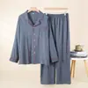 Venta al por mayor Dropshipping Primavera Otoño Hilo de Algodón Puro Teñido en Hilo Ropa de Casa para Mujer Solapa Manga Larga Pantalón Largo Cómodo Holgado Pijama para el Hogar