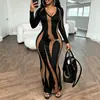 Otoño 2026 Amazon Comercio Transfronterizo Comercio Exterior Nuevo Sexy Versátil Cuello en V Ajustado Plisado Manga Larga Estampado Vestido