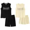 Pijama para Casais, Verão, Algodão Puro, Casual, Regata com Shorts com Bojo, Conjunto de Roupa de Casa da Moda para Um Homem e Uma Mulher