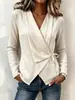 Top exclusivo transfronterizo de manga larga con cuello en V para mujer, con diseño cruzado, estilo europeo y americano, textura de algodón y lino, cintura ajustada y efecto adelgazante, adecuado para uso casual y de oficina