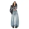 2026 Otoño Jeans Mujer Primavera y Otoño Nuevo Trabajo Pesado Lavado Guadaña Sin Estirar Cintura Media-Baja Holgado A517 Pantalones de Pierna Ancha Algodón