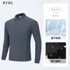 Camiseta Polo Masculina de Seda Gelada Sem Costura Manga Longa para Primavera e Outono, Cor Pura para Meia-Idade, Casual de Negócios, Gola Lapela, Top Passa-Fácil