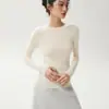 Top de malha stretch, gola redonda, sem costura, fiado finamente, 100% lã pura, lavável à máquina, camada base de lã merino extrafina 18 pontos para mulheres