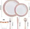 Juego de 25 piezas vajilla de fiesta desechable platos con borde dorado copas de vino juego de cuchillo tenedor cuchara platos de fruta de plástico PS