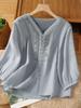 Blusa Vintage Artística de Algodão e Linho com Design Bordado Manga Curta Verão Novo Decote V Versátil Solta Cobre a Barriga Camiseta Feminina