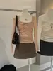Liquidación, Sin Devoluciones ni Cambios. Camiseta Básica de Encaje Festivo Estilo Coreano con Elástico Fruncido Cuadrado para Mujer 7911