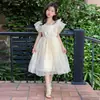 Vestido de Malha com Mangas Bufantes Estilo Princesa Doce Novo 2026 para Meninas Verão Novo Renda Sobreposta Vestido Pequeno Estiloso