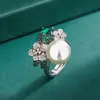 Moda Europeia e Americana Anel Personalizado de Zircônia com Pérola e Anel de Pérola Branca com Diamante Anel Aberto de Flor de Pérola Pode Ser Personalizado