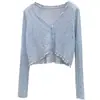 Cárdigan de punto de seda helada de manga larga con protección solar y bordes con volantes para mujer, atuendo de verano combinado con un vestido tipo camisola, chaqueta para aire acondicionado y top tipo blusa