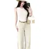 Top de punto sin mangas con cuello redondo y diseño ondulado casual estilo coreano para mujer, de verano, corte ajustado, elegante y versátil