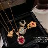 Colar da Sorte de Cabaça de Abóbora, Banhado a Ouro 18K, Corindo Vermelho em Formato de Ovo Antidesgaste Colar Floral Vintage Banhado a Ouro
