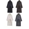 Comercio Exterior Transfronterizo Ropa para Mujer Otoño e Invierno 2025 Estilo Europeo y Americano Cuello Alto Manga Larga Cintura Ajustable con Lazo Abrigo Largo de Lana para Mujer