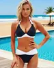 Nuevo traje de baño de dos piezas para mujer de Amazon, estilo europeo y americano, con diseño de cuello halter en bloques de color, corte de cintura alta y un conjunto de bikini sexy.