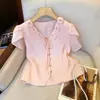 Camisa Francesa Gola V Floral 3D de Manga Curta para Mulheres Verão Cadarço Petite Blusa Estilo Chá
