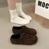 Zapatos casuales de estilo coreano, antideslizantes, de gamuza, con cordones, versátiles, para otoño, puntera profunda, punta cuadrada plana, 2025, para mujer, nuevo estilo de tela