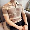 Polo de Punto de Cuello en V con Bloques de Color Calado para Hombre de Manga Corta Verano Delgado Fresco Transpirable Cómodo Casual Camiseta de Alta Gama