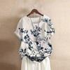 2026 Amazon Aliexpress Roupas Femininas Fundo Branco Estampa de Folhas Cinzas Pulôver Vintage Camiseta de Manga Curta Camisa de Algodão e Linho