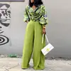 8207 Moda Europeia Plus Size Feminina Amazon Outono Inverno Estampado Gola Swing Solto Top Plissado Calça Larga Flare Conjunto