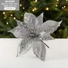 Flor de Tela Pegajosa Navideña Malla Lentejuelas Adorno Flor Artificial Árbol de Navidad Decoración de Ventana Arreglo Floral Rama 28cm