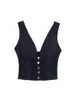 Top Jeans Casual Feminino Azul Escuro Sem Mangas com Botões nas Costas e Recorte