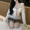Novo suéter de tricô casual com decote V ombro a ombro, caimento justo, para mulheres, outono e inverno, blusa de tricô de manga longa, branco, tamanho único