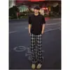 Calça casual versátil xadrez preto e branco para homens, calça reta de perna larga estilo americano de outono, calça longa esportiva high-street, xadrez preto