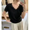 Camiseta blanca de manga corta con retazos de encaje y cuello en V para mujer, estilo fino de verano, casual coreano de corte holgado, top adelgazante y versátil