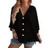 2025 Sudeste Asiático y Europa y América Talla Grande Color Sólido Algodón y Lino Primavera y Verano Cuello en V Botones Camiseta Nuevo Cardigan Casual Top para Mujeres