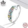 Evelle prata esterlina s925 arco-íris pena anel de abertura colorido gota de óleo elegante elegante anel de asa pulseira