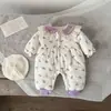 Ins estilo coreano meninas bebê gola lapela renda acolchoado fleece estampado algodão macacão recém-nascido macacão quente moderno