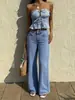 Top de tubo con cuello de lazo a rayas para mujer, con volantes de verano, cintura entallada, camisola [Exclusivo para ventas transfronterizas]