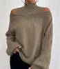Suéter pullover feminino de alta qualidade europeu e americano com ombros à mostra, novo estilo outono e inverno 2026, modelagem solta, gola alta meia, malha com manga bufante para mulheres