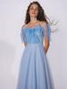 Vestido Elegante com Alças Finas Azuis, Recorte em Renda, Laço, para Performance de Aniversário, Apresentador