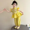 Conjunto de Verano para Niñas 2026 Nuevo Elegante Pantalones Antimosquitos con Mangas Cortas Volantes Conjunto de Dos Piezas Ropa Infantil Ropa de Verano