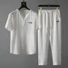 Conjunto de Linho de Seda Gelada de Manga Curta Ultrafino de Alta Qualidade Masculino de Verão Tamanho Plus Camiseta Solta de Manga Média Conjunto de Duas Peças de Algodão e Linho