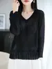 Camiseta Base de Seda de Hielo Hueca con Cuello en V de Nueve Mangas para Mujer, Primavera y Otoño, Delgada, Adelgazante, Francesa, Versátil, para Superponer